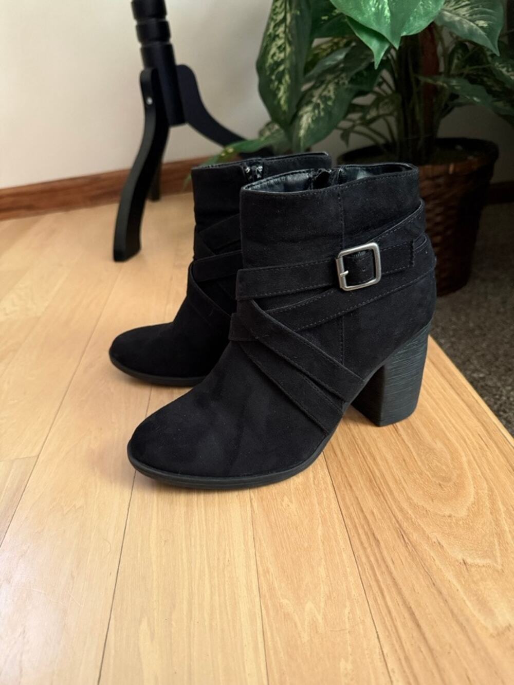 Bamboo "Monopoly" Black Faux Suede Strappy Ankle Boots